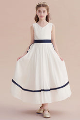 A-Line Chic V-neck Lace Ankle Length Flower Girl Dress Online